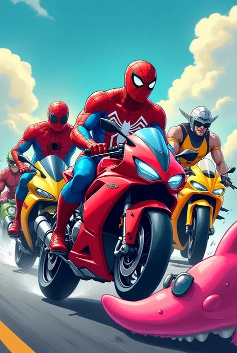 Create a vibrant, colorful digital illustration featuring five superhero-like characters riding sports motorcycles. The characters resemble popular superheroes but should not be exact replicas. Each character wears a distinct, brightly colored costume matc...