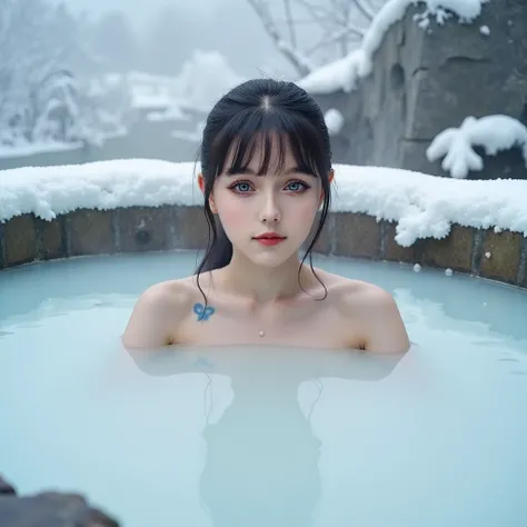  top quality、 real live action  Scandinavian skinny girl with small breasts middle school student、winter、An unexplored area with a snowy landscape、 It's snowing、It's cold, so a lot of steam rises from the warm bathtub, Shirayu Onsen open-air rock bath on t...