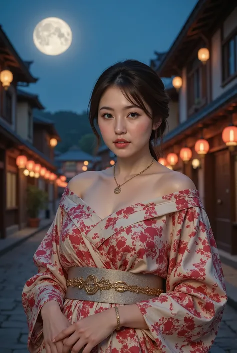 (((full body))), (((full body shot))), best quality, masterpiece, super high resolution, beautiful Japanese girl, Kind Face, green eyes, kind smile, Curvy Body, big boobs, updo brown hair, Japanese female Cloth Outfit, Japanese kimono, (((off shoulders:1.5...