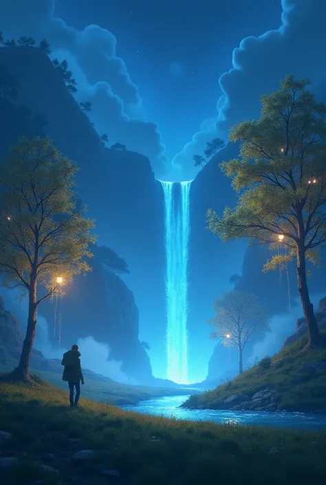 A magical world with a deep blue glowing sky and soft mist in the air. Golden trees emit a gentle light, and a bright blue river flows through the landscape. The scene is dreamlike, with floating lights and a fantasy atmosphere. The foreground has an open,...