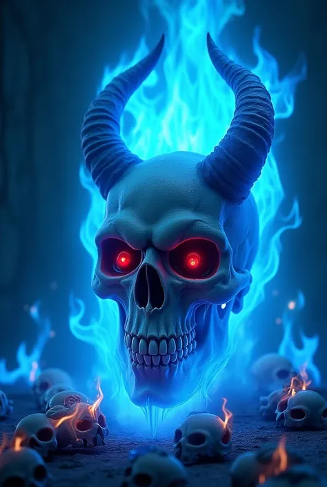   Vampire skull with pointed teeth with devil horns, blazes in dark blue flames ,  tiny skulls blaze around 