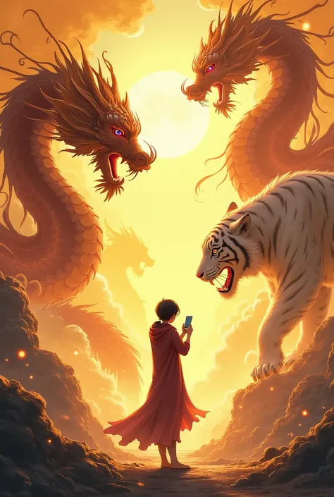 A person with a smartphone is facing the front、 print out an illustration of a 、dragon、 Phoenix、There is a white tiger、 background is gold 、god々Shii