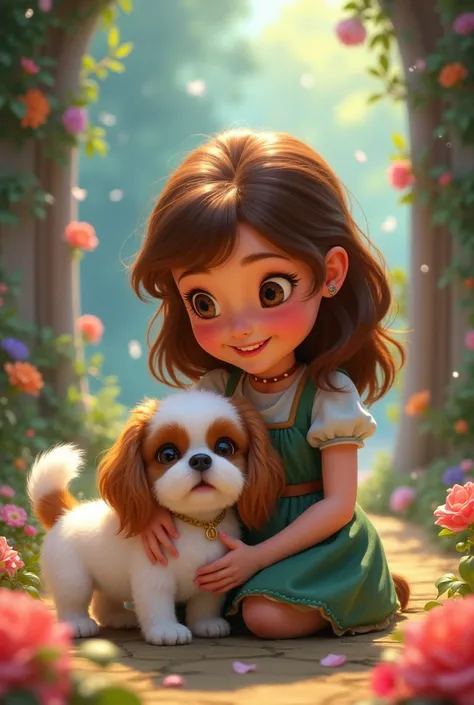 Image of a Disney character with wavy brown hair and a Shitzu dog 