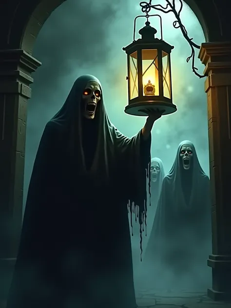 – A glowing lantern held by the shadowy figure, revealing screaming, ghostly faces trapped within its light. The faces appear frozen in eternal terror.