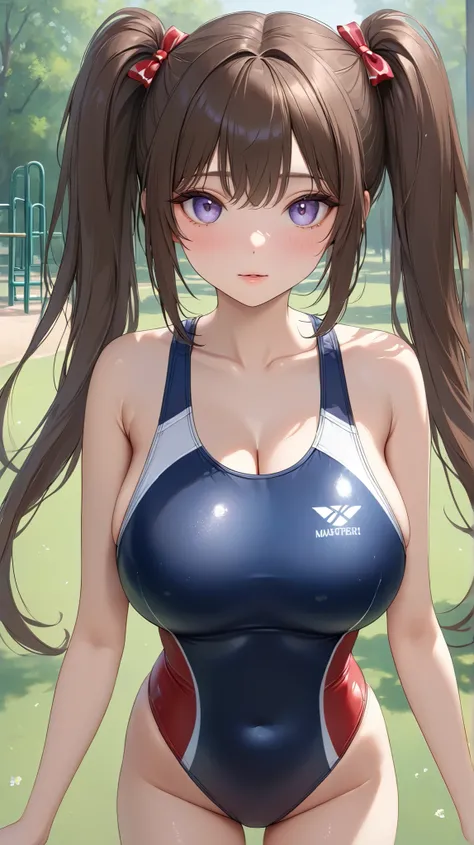 (masterpiece,best quality,ultra detailed,high resolution),cowboy shot,girl,brown twin tails,beautiful eyes,competition swimsuit,at the park,(realistic:0.1),large perky breast,