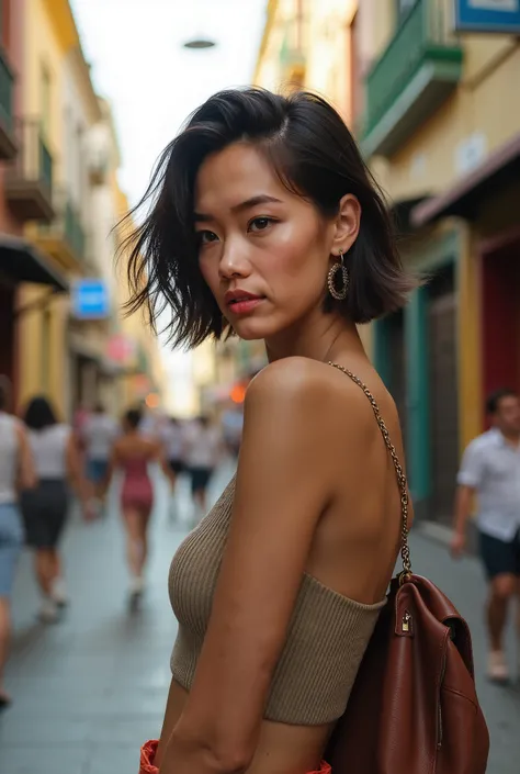 Create for me a woman with both Brazilian and Asian traits, Skinny 25 year old with short hair, with photos in environments such as Avenida Paulista, Bairro da Liberdade,  enjoying the moment 