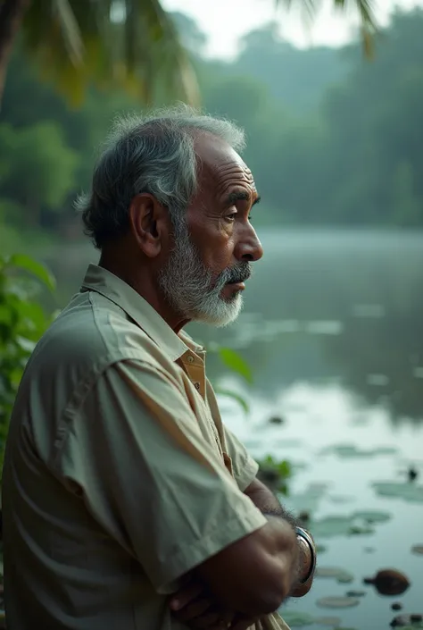 A Sri lankan matured man in sad mode in front of a lake.