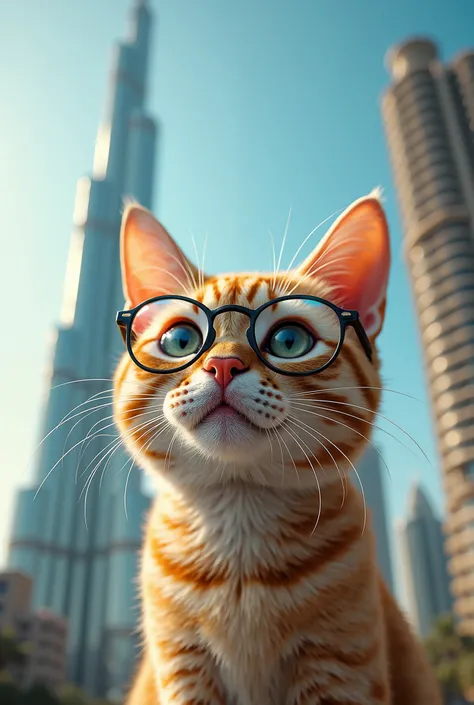 A cat wearing glasses and picturing in front of Burj Khalifa 