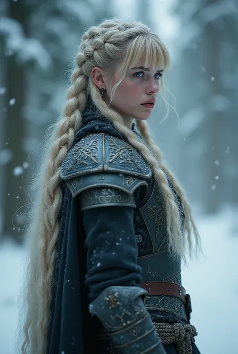 a very beautiful berserker woman, Thea Sofie Loch Næss, long braided ash blonde hair, frost clings to her skin, only a few bangs of hair, traditional makeup, quinn, visually appealling, slush, female gigachad, barbarians, episode, a still of an ethereal, h...