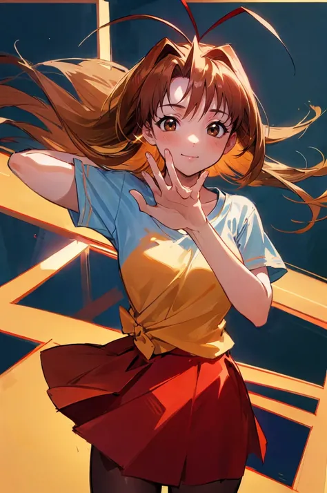 (masterpiece, best quality:1.2), cowboy shot, solo, 1girl, narusegawa naru, smile, looking at viewer, antenna hair, yellow shirt, short sleeves, red skirt, pantyhose, nice pair of hands