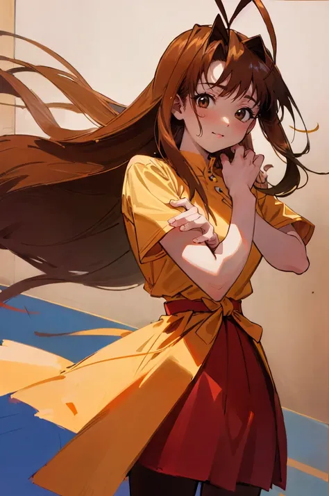 (masterpiece, best quality:1.2), cowboy shot, solo, 1girl, narusegawa naru, smile, looking at viewer, antenna hair, yellow shirt, short sleeves, red skirt, pantyhose, nice pair of hands