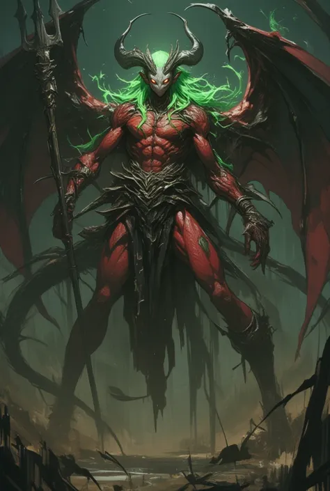 (masterpiece, best quality),subtle colors, post-grunge, intricate details, detailed depiction,A whimsical,A powerful demon with a red lizard-like body,slim body, deep green hair, and silver horns. Its eyes are pure black, giving an intense and menacing gaz...