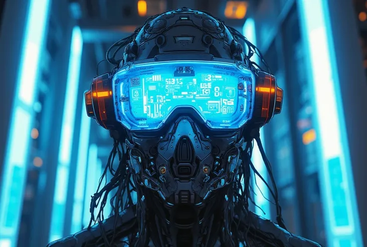  featuring futuristic characters with strong cyberpunk technology elements .  The character has a blue glowing transparent visor with a digital interface display as well as a high-tech mask filled with mechanical components. There is blue and orange fluore...