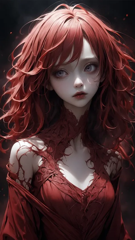   Tim Burton's Style、 extremely realistic 、 red costume、Red Mist、 albino、clavicle、shoulder、