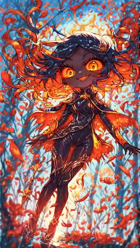 (solo:1.3), 1girl\(hzk,devil,chibi,pure black skin,cute,kawaii,big eyes,evil smile,long nail,orange eyes,orange sclera,detailed pupils, (looking down),wearing capelet\(very big,(very long),Tattered\), (backlit),flying\). BREAK .background\(refreshing mood,...