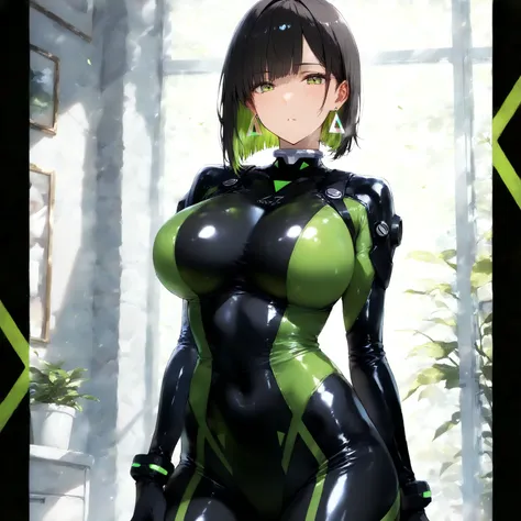 masterpiece, (((( best quality )))),1 girl, Japanese Anime ,character profilele,shiny skin, wearing a black pilot suit, dark hair, short bob hair,The inner color of the hair is green, green eyes,isosceles triangle earrings, black tights,large breasts