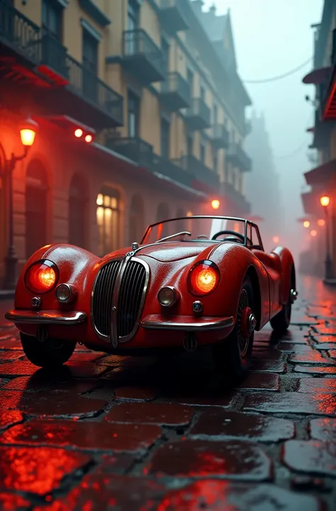 Red, Red fogg, red atmosphere, gloomy ancient urban background with fogg and shadows with a Steampunk BMW close up, low view, intricately crafted wooden bumber with jwellery like style,hyper realistic, 8k