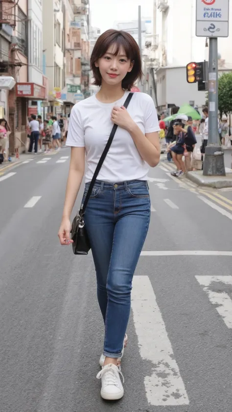  Smiling age girl walking through a street corner in Tokyo where many people come and go。I'm wearing a white t-shirt and a tight denim mermaid long skirt、 sneakers similar to Oko 。 with beautiful short black hair and tanned skin is looking at me with an up...