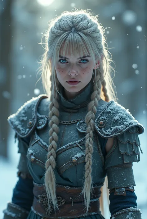 a very beautiful berserker woman, Thea Sofie Loch Næss, long braided ash blonde hair, frost clings to her skin, only a few bangs of hair, traditional makeup, quinn, visually appealling, slush, female gigachad, barbarians, episode, a still of an ethereal, h...