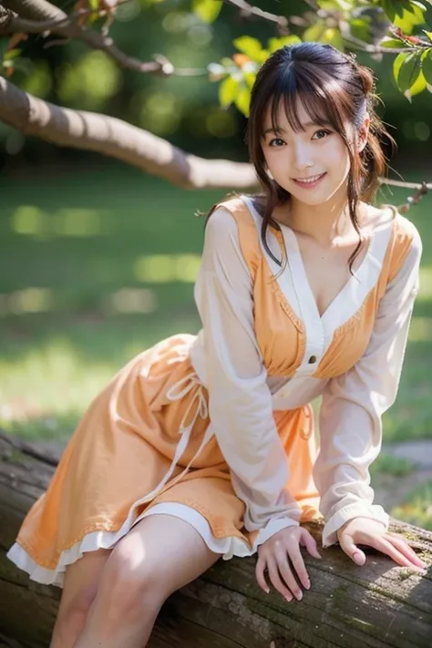  Realistic Photo Quality 、A 20 year old Japanese model、Japanese model sitting in a tree wearing a pastel orange dress, mini dress 、Cute Japanese Idol、 Professional Writing 、!! beautiful!,  looking at the camera、Detailed and beautiful eyes、 cute smile、 soft...