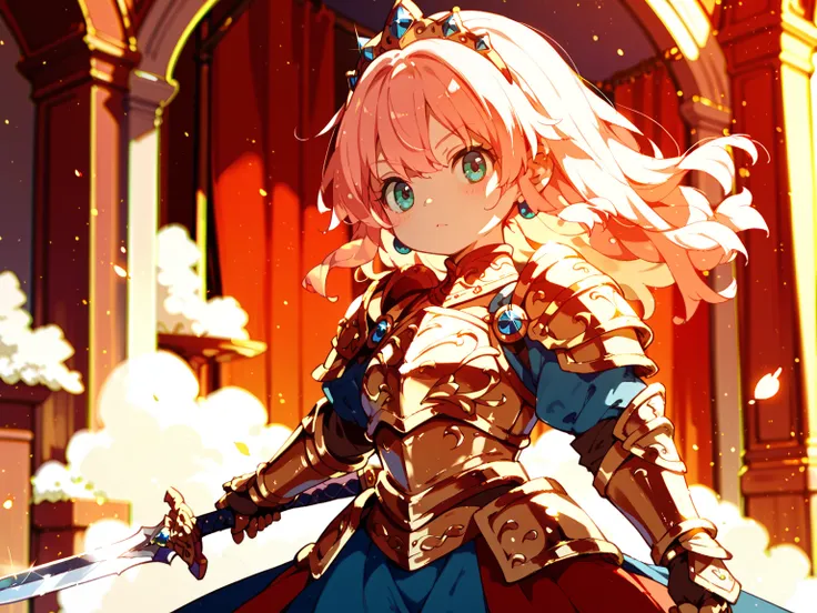  one girl(     pees on a very young   、Princess、Knight Armor、 Luxurious Sword)、 holding a sword 