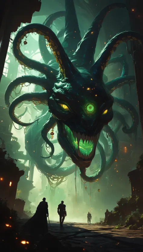  A gigantic floating cubic structure with dark ,  twisted tentacles ,  who radiates an intense green light from the circular patterns and illuminated eyes embedded in their faces.  The scene has a dark and futuristic atmosphere .,  with yellowish green lig...