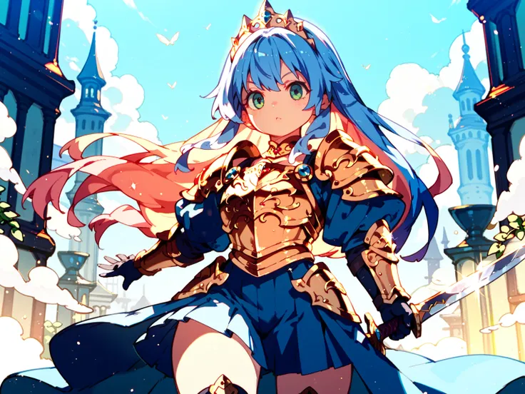  one girl(     pees on a very young   、Princess、Knight Armor、 Luxurious Sword)、 holding a sword 