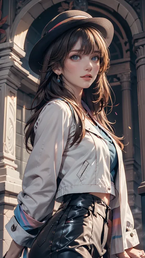  24-year-old white woman 、 long eyelashes、 eyeshadow、 lip gloss、 Rainbow （rainbow）Hair Color、 blue eyes、The female version of Indiana Jones、Fedora hat、 LEATHER JACKET、