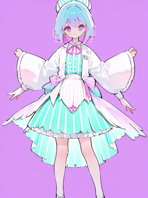  one girl、Magenta Eyes 、 pastel　lavender colored hair、 White Dress 、 puff sleeve、magenta ribbon 、　 background green background 、　Stand upright、Stand with arms and legs spread