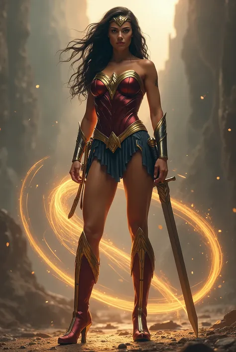 Create an image of Wonderwoman.  She wears golden high-heeled sandals.  she swings her golden lasso . Her sword on her back .