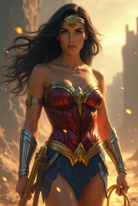 Create an image of Wonderwoman.  She wears golden high-heeled sandals.  she swings her golden lasso . Her sword on her back .