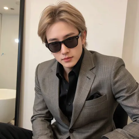  Social media profile picture of a man,  young, with blond hair,  well dressed, classy and with sunglasses. Masculine and in good shape, western