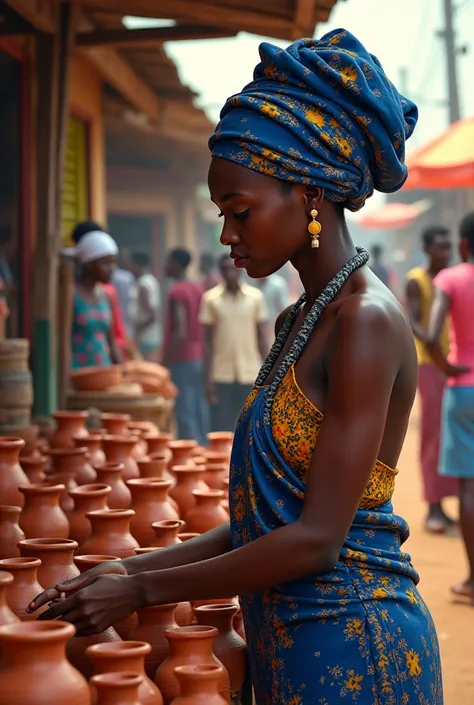 Amaka at Her Stall**: A young

woman with smooth dark skin and indigo-patterned wrappers, arranging clay pots with care, her eyes meeting Ebuka's with quiet confidence.