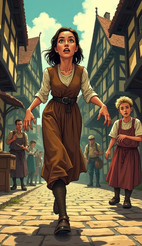 Frau Troffea suddenly jerks into motion, her feet tapping uncontrollably on the cobblestone street. Her thin arms flail slightly, her fingers curled as if resisting an unseen force. Her green eyes are vacant, staring at nothing. Sweat glistens on her sharp...