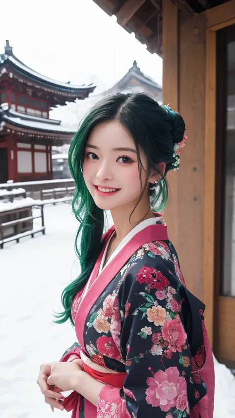 Fictional Yuki ， Double-haired Bun Hairstyle ，Blue-green hair， Curly Liu Hai ， Magenta Eyeshadow ， brown eyes 。 Wearing a pink floral kimono in the snow。 Her Snow Falls Lightly 。She laughed 。 Behind Her Red Temple in Kyoto 