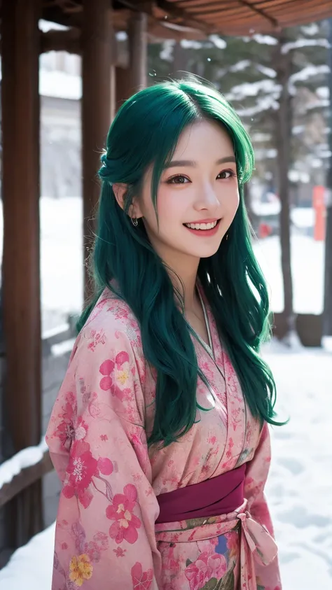 Fictional Yuki ， Double-haired Bun Hairstyle ，Blue-green hair， Curly Liu Hai ， Magenta Eyeshadow ， brown eyes 。 Wearing a pink floral kimono in the snow。 Her Snow Falls Lightly 。She laughed 。 Behind Her Red Temple in Kyoto 