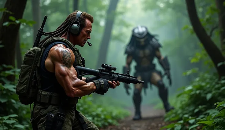 Arnold Schwarzenegger holding gun ready for action in front of dence forest, predator movie predator standing in background ready for war. 