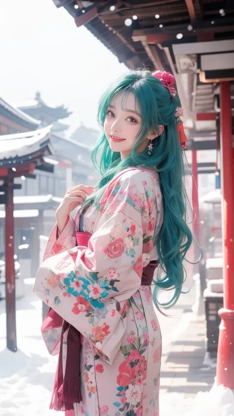 Fictional Yuki ， Double-haired Bun Hairstyle ，Blue-green hair， Curly Liu Hai ， Magenta Eyeshadow ， brown eyes 。 Wearing a pink floral kimono in the snow。 Her Snow Falls Lightly 。She laughed 。 Behind Her Red Temple in Kyoto 