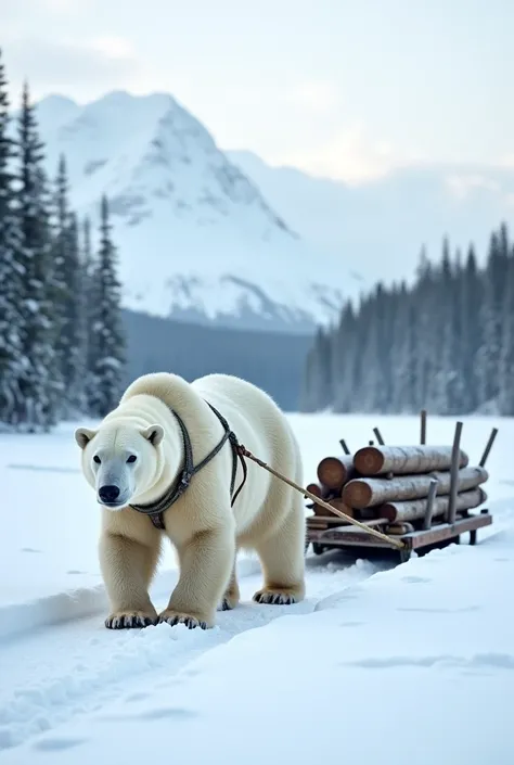 "A realistic polar bear working alone in a snowy Alaskan landscape. The bear is pulling a heavy sled loaded with logs, using a sturdy harness. Its fur is slightly frosted, and its breath is visible in the cold air. The background features a dense winter fo...