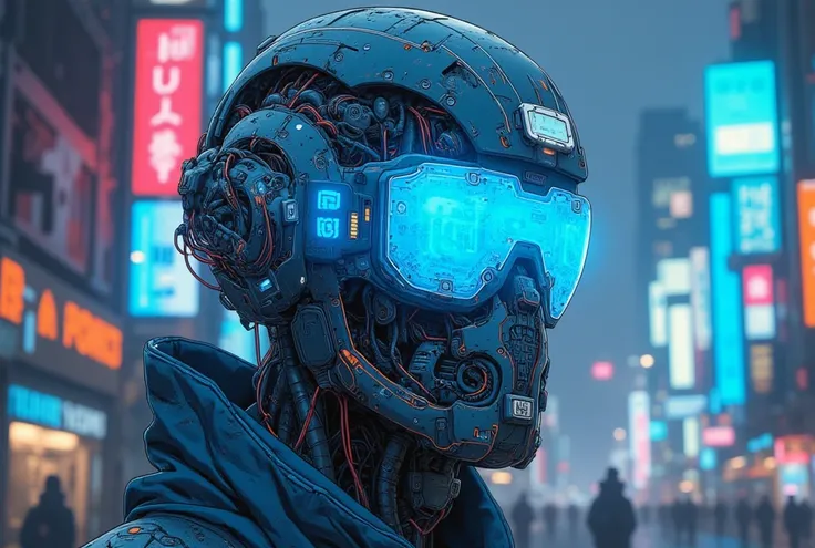 featuring futuristic cityscapes with strong cyberpunk technology elements.  The character has a blue glowing transparent visor with a digital interface display as well as a high-tech mask filled with mechanical components. There is blue and orange fluoresc...