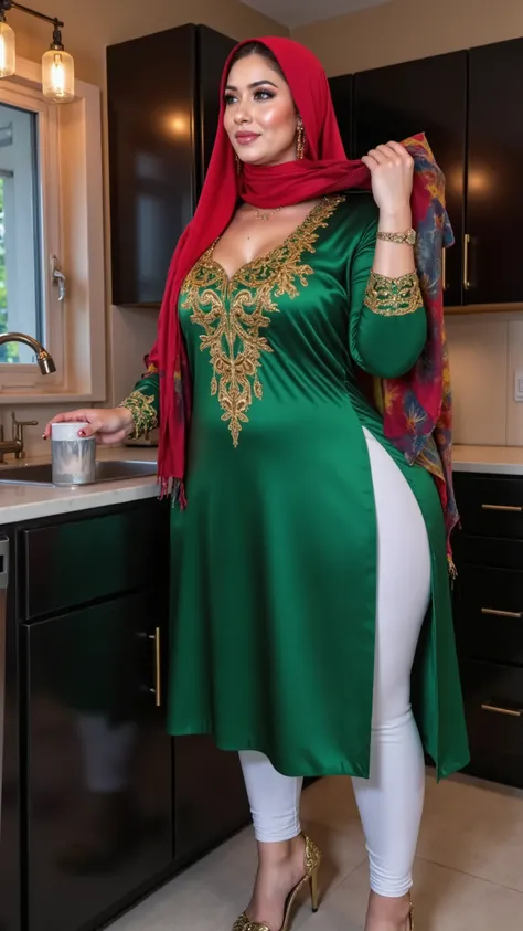 I am 40 year old plus size tall and big giant indian muslim women, looking like indian actress hansika motwani ,wearing a shining glossy white tight capri leggings and Sleevless green indian kurti,red hijab golden nose rings,nose stud, anklet,hanging ear r...