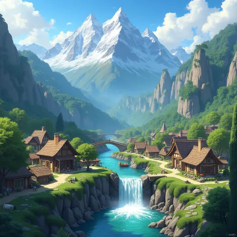 a village by the waterfall, mountains in the background