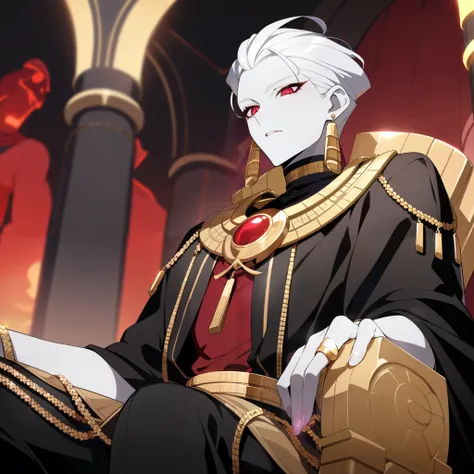 
Pharoah, Handsome, pale white skin, short slicked back white hair. Glowing red demon Eyes, Egyptian Black Velvet Robes, Gold Embroidered Black velvet Egyptian pants. Wears a gold chained glowing Ruby circular Egyptian amulet. Has gold rings. Long ruby ear...