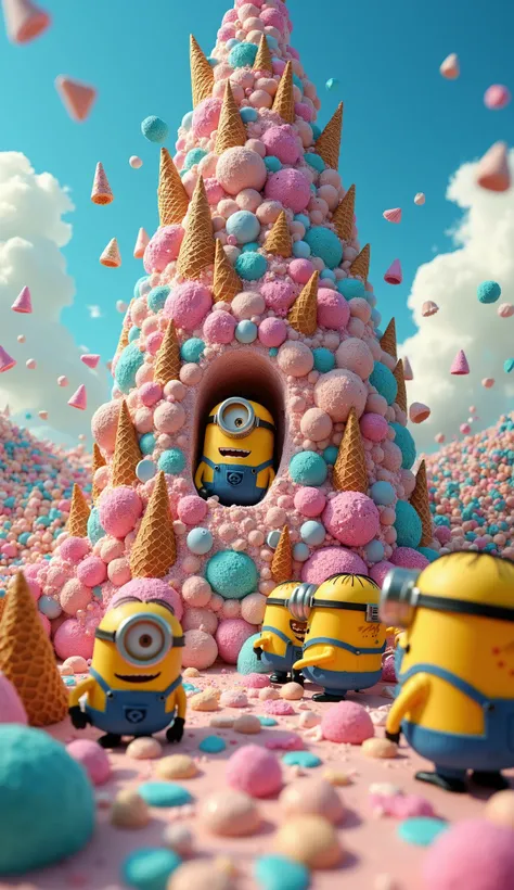 A highly detailed and chaotic scene where thousands of Minions attempt to construct the world’s tallest skyscraper using only ice cream. Some Minions carefully stack giant scoops of colorful gelato, while others accidentally knock entire towers over, creat...