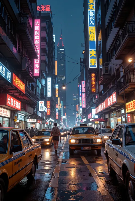 Night streets of Hong Kong with taxis standing in the 1980s