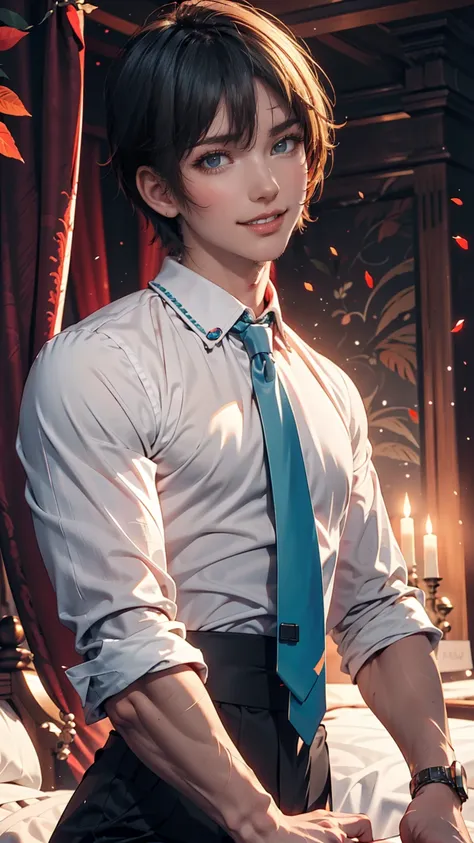  Masterpiece,  Hatsune Miku,  white shirt,  A Young Man Wearing a Blue Tie ,  shoulder out, Separated sleeve,   Immersed in an Evil Smiley Face, Dark Skin,  red eyes, black eyes, Orange pupil,