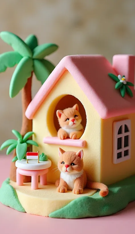 Make a beautiful sponge cake in the shape of a house there is a window and there is a stylish pink terrace and there is a coconut tree there is a cat and a minimalist grass are on a miniature table plate in the table and there is a small flag of red and wh...