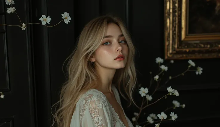  beautiful Russian woman with fair skin and long, flowing blonde hair stands against a black wall adorned with an antique picture frame on one side and draped with elegant silk fabric. She has a melancholic and dreamy expression as she gazes forward, feeli...