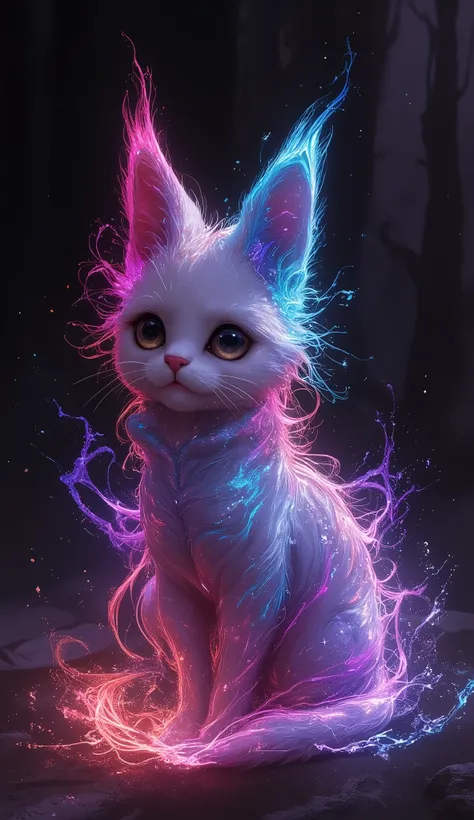 colorful kitten painting on black background,, Breathtaking depiction, In a shining connection, Inspired by Kinuko Y. Crafting,, Magical Elements, 【Kitten Icon, Wow, Is a beautiful , I'm casting a multicolored spell, bright flash , flash