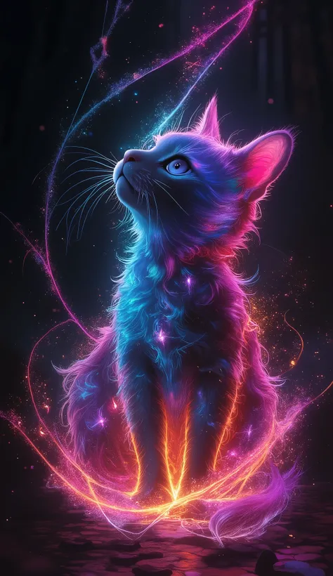 colorful kitten painting on black background,, Breathtaking depiction, In a shining connection, Inspired by Kinuko Y. Crafting,, Magical Elements, 【Kitten Icon, Wow, Is a beautiful , I'm casting a multicolored spell, bright flash , flash